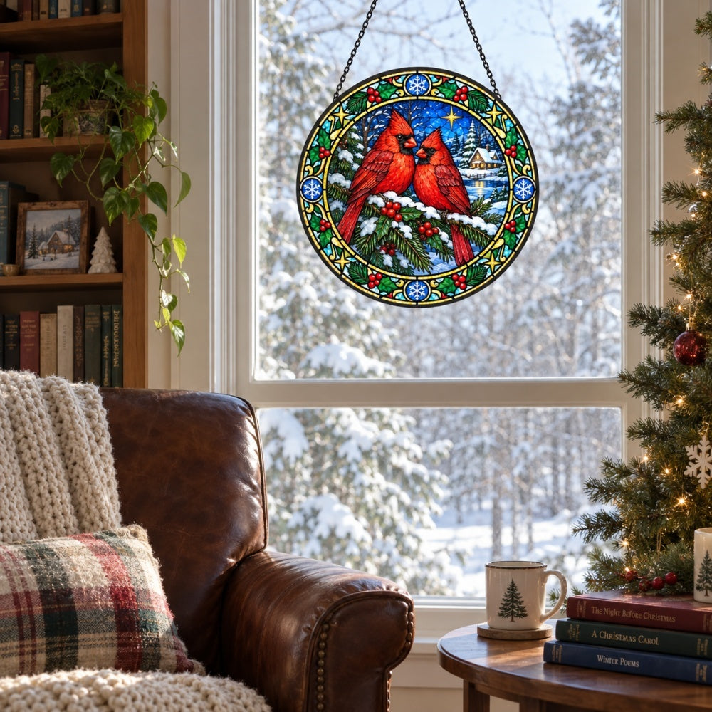 Winter cardinals stained glass suncatcher window hanging, suitable for home and garden decoration