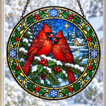 Winter cardinals stained glass suncatcher window hanging, suitable for home and garden decoration
