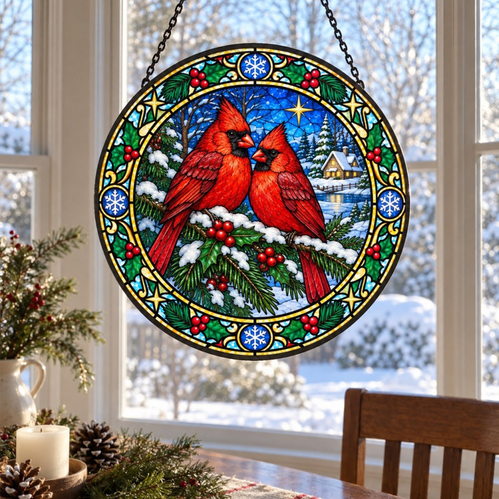 Winter cardinals stained glass suncatcher window hanging, suitable for home and garden decoration