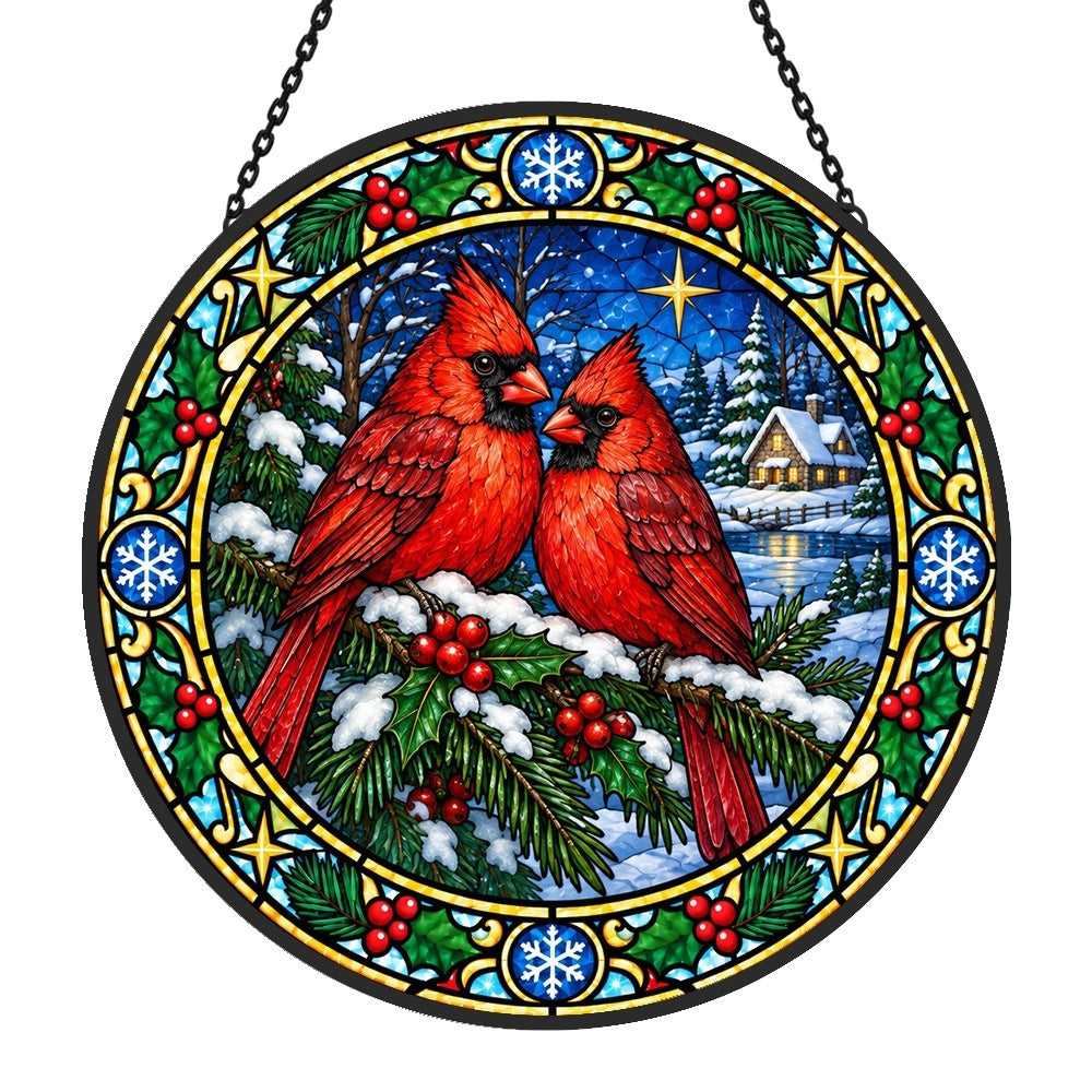 Winter cardinals stained glass suncatcher window hanging, suitable for home and garden decoration
