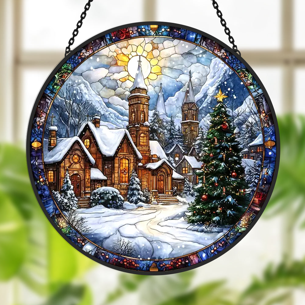 Winter church village stained glass suncatcher window hanging, suitable for home and garden decoration