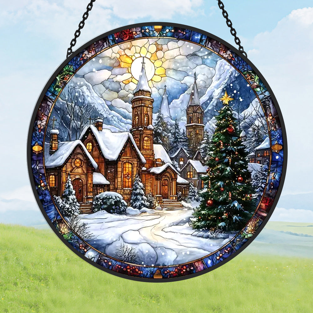 Winter church village stained glass suncatcher window hanging, suitable for home and garden decoration
