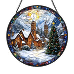 Winter church village stained glass suncatcher window hanging, suitable for home and garden decoration