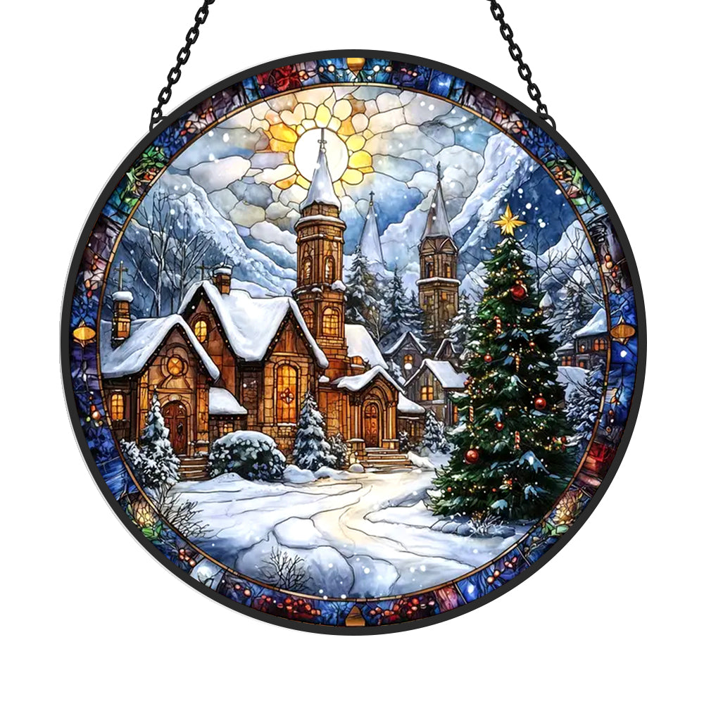 Winter church village stained glass suncatcher window hanging, suitable for home and garden decoration