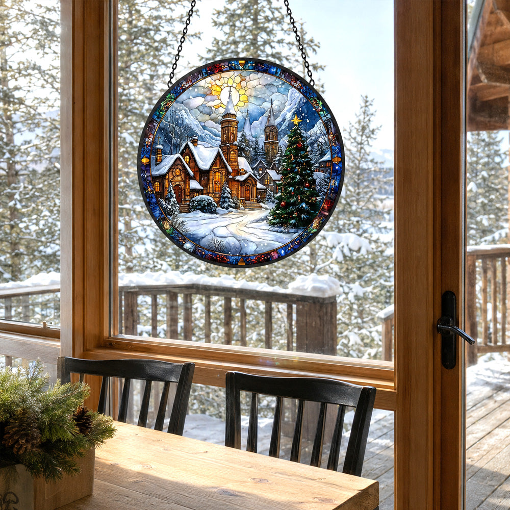 Winter church village stained glass suncatcher window hanging, suitable for home and garden decoration