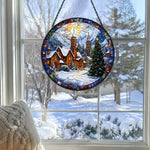 Winter church village stained glass suncatcher window hanging, suitable for home and garden decoration