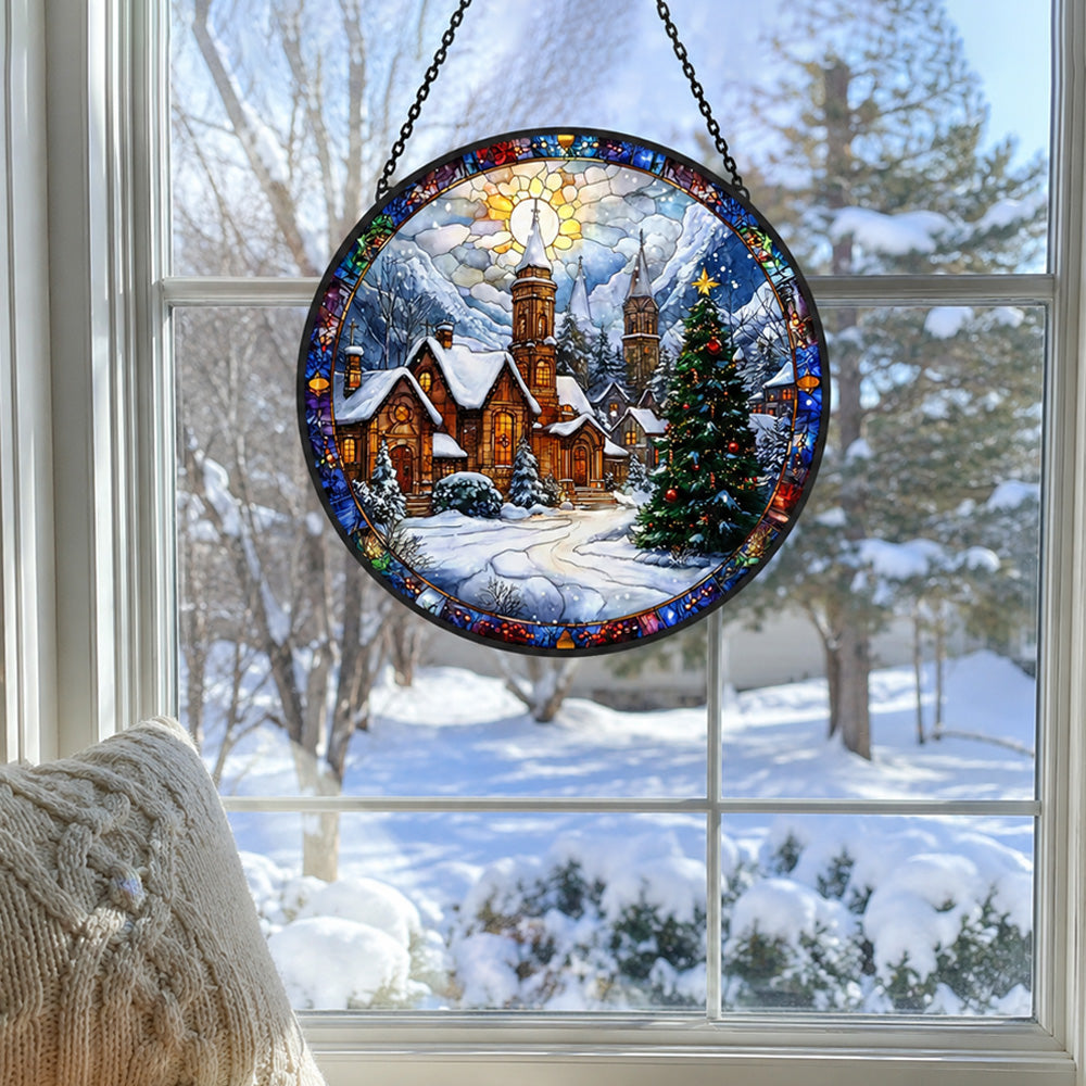 Winter church village stained glass suncatcher window hanging, suitable for home and garden decoration