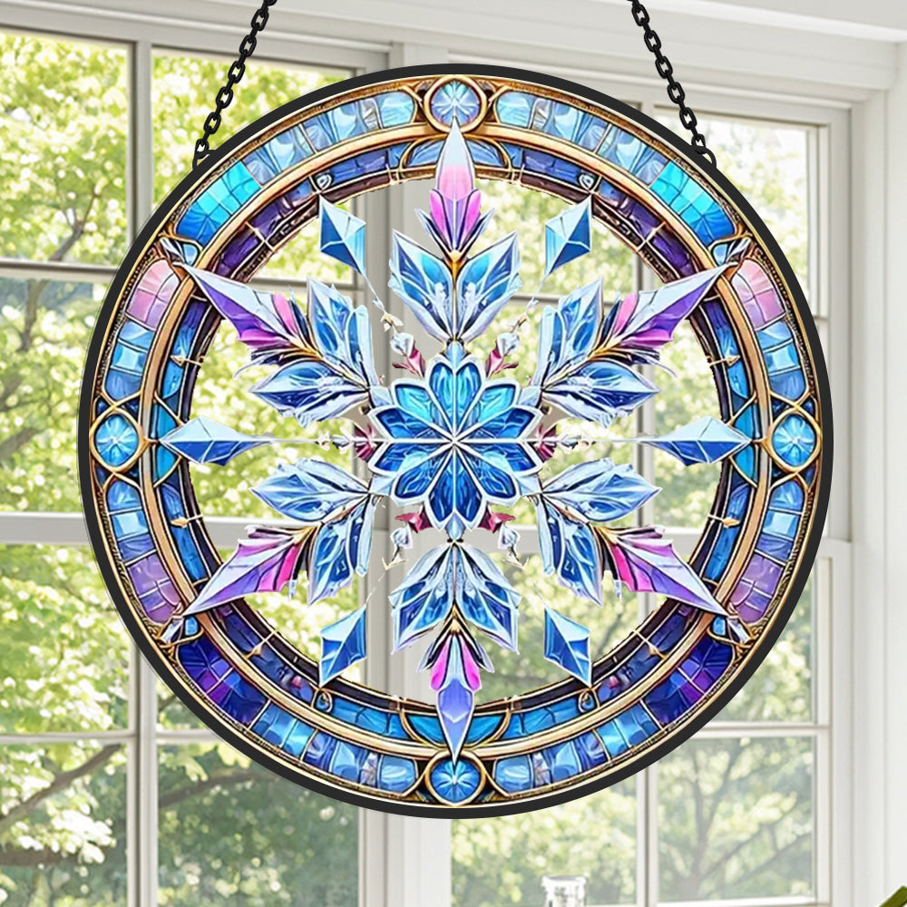 Winter holiday snowflake stained glass suncatcher window hanging, suitable for home and garden decoration