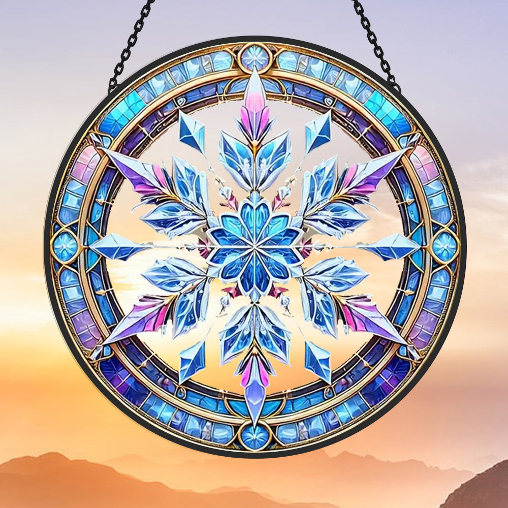 Winter holiday snowflake stained glass suncatcher window hanging, suitable for home and garden decoration