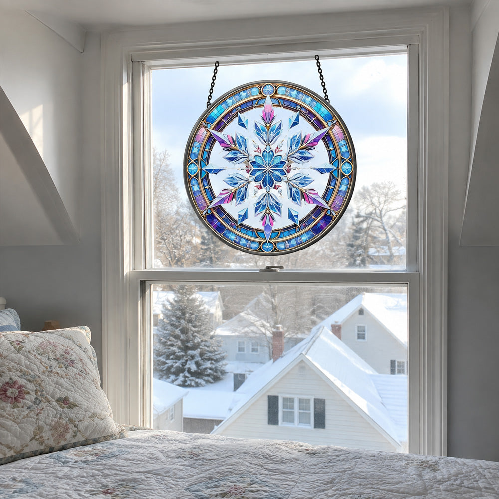 Winter holiday snowflake stained glass suncatcher window hanging, suitable for home and garden decoration