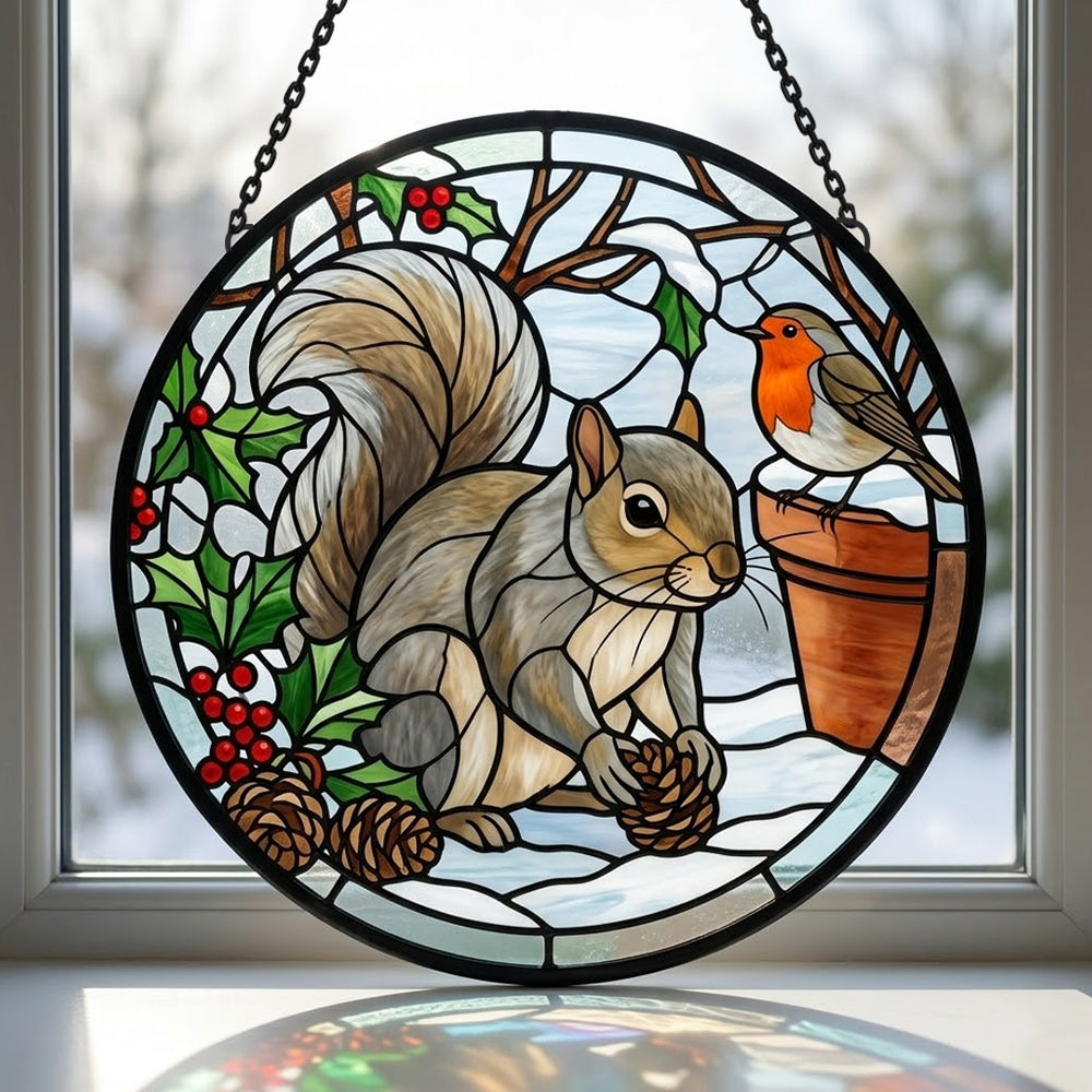 Winter robin and squirrel stained glass suncatcher window hanging, suitable for home and garden decoration