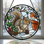Winter robin and squirrel stained glass suncatcher window hanging, suitable for home and garden decoration