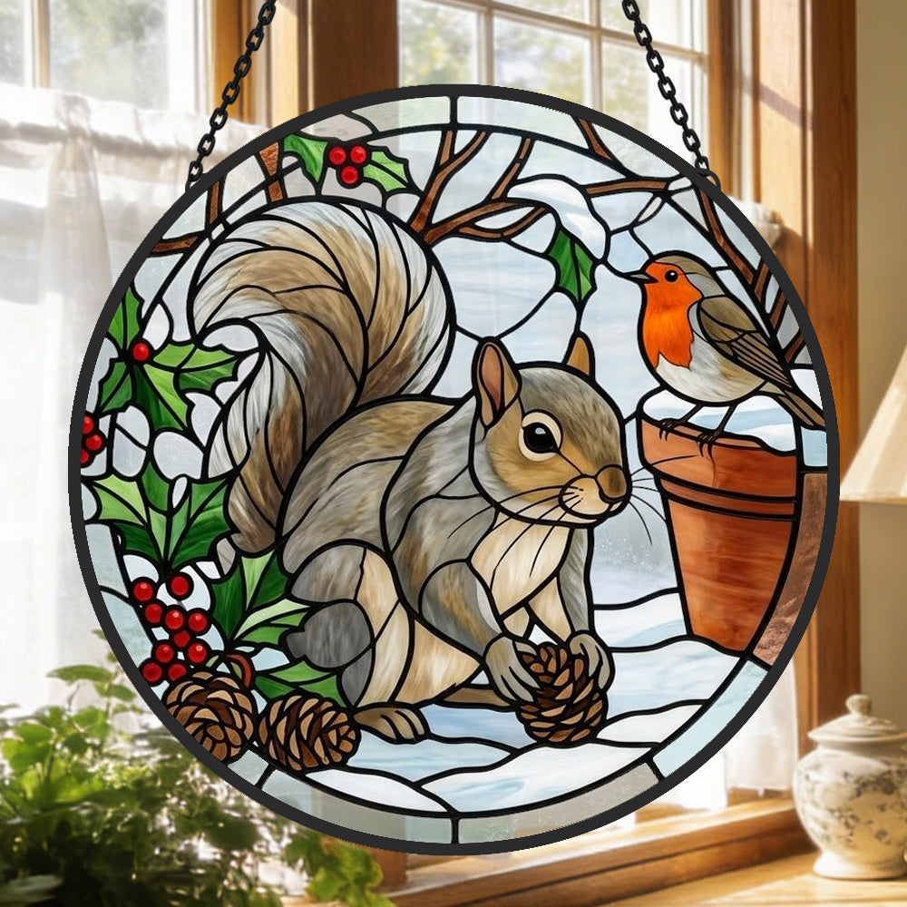 Winter robin and squirrel stained glass suncatcher window hanging, suitable for home and garden decoration