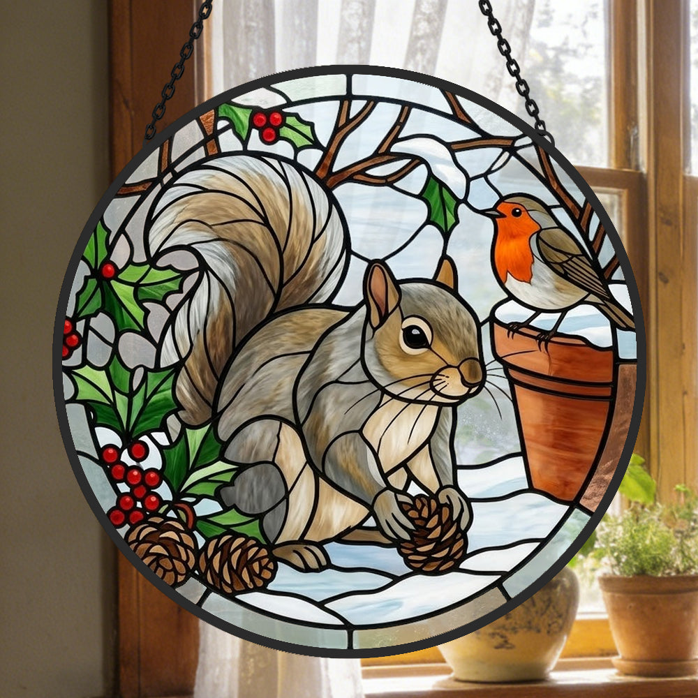 Winter robin and squirrel stained glass suncatcher window hanging, suitable for home and garden decoration
