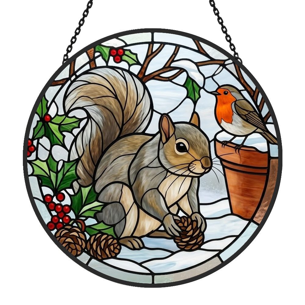 Winter robin and squirrel stained glass suncatcher window hanging, suitable for home and garden decoration