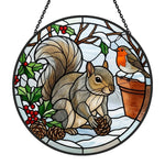 Winter robin and squirrel stained glass suncatcher window hanging, suitable for home and garden decoration