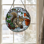 Winter robin and squirrel stained glass suncatcher window hanging, suitable for home and garden decoration