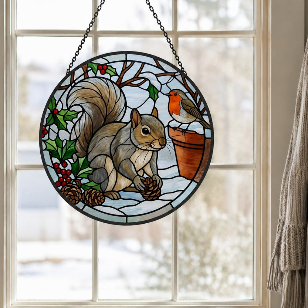 Winter robin and squirrel stained glass suncatcher window hanging, suitable for home and garden decoration