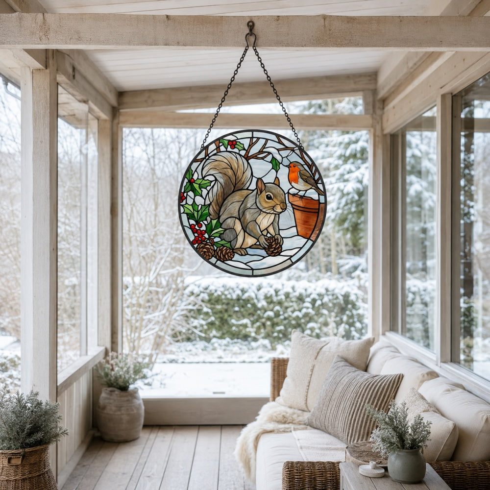 Winter robin and squirrel stained glass suncatcher window hanging, suitable for home and garden decoration