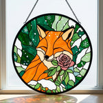 Winter rose snowy fox stained glass suncatcher window hanging, suitable for home and garden decoration