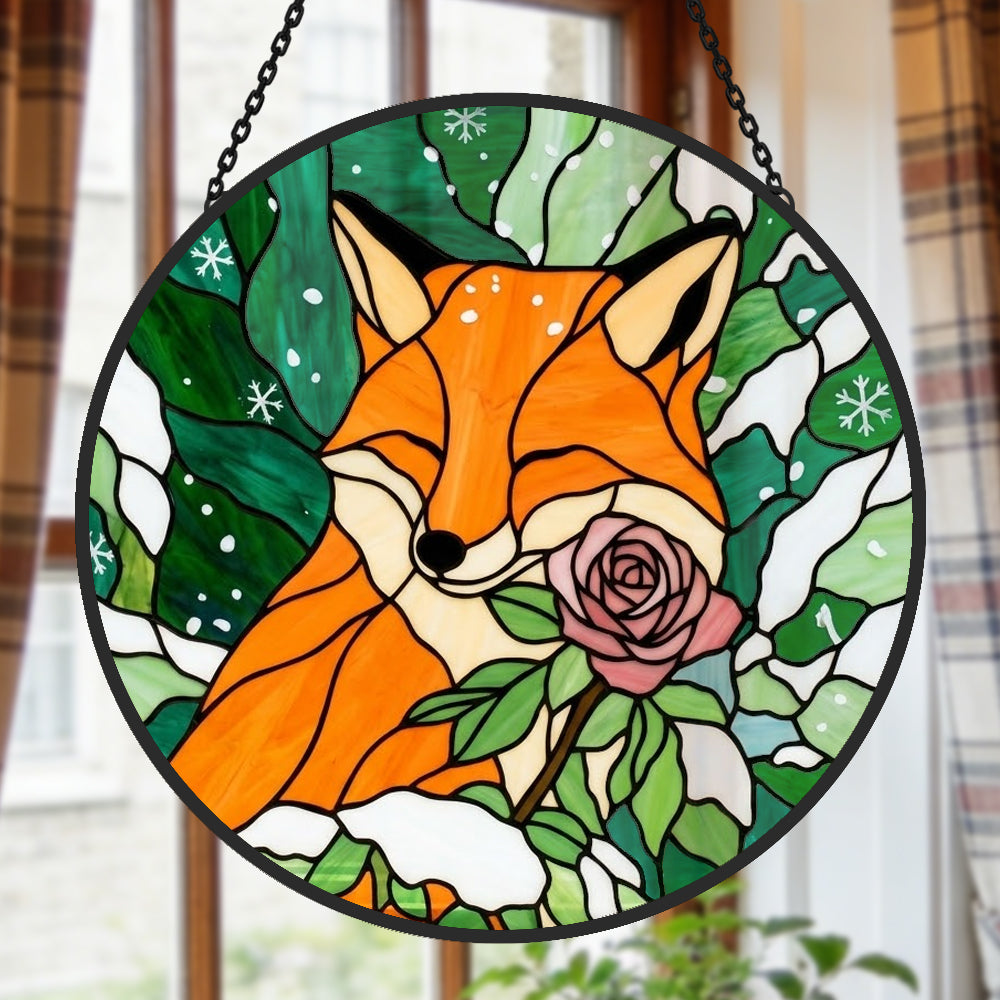 Winter rose snowy fox stained glass suncatcher window hanging, suitable for home and garden decoration