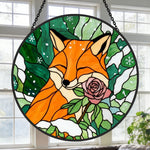 Winter rose snowy fox stained glass suncatcher window hanging, suitable for home and garden decoration