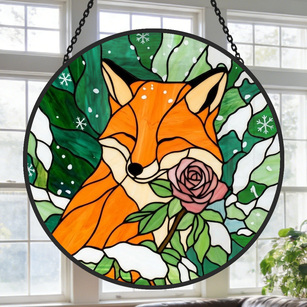 Winter rose snowy fox stained glass suncatcher window hanging, suitable for home and garden decoration