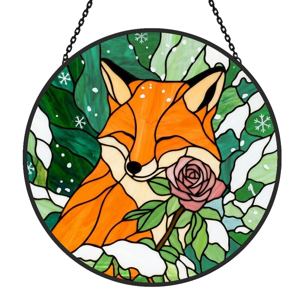 Winter rose snowy fox stained glass suncatcher window hanging, suitable for home and garden decoration