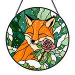 Winter rose snowy fox stained glass suncatcher window hanging, suitable for home and garden decoration