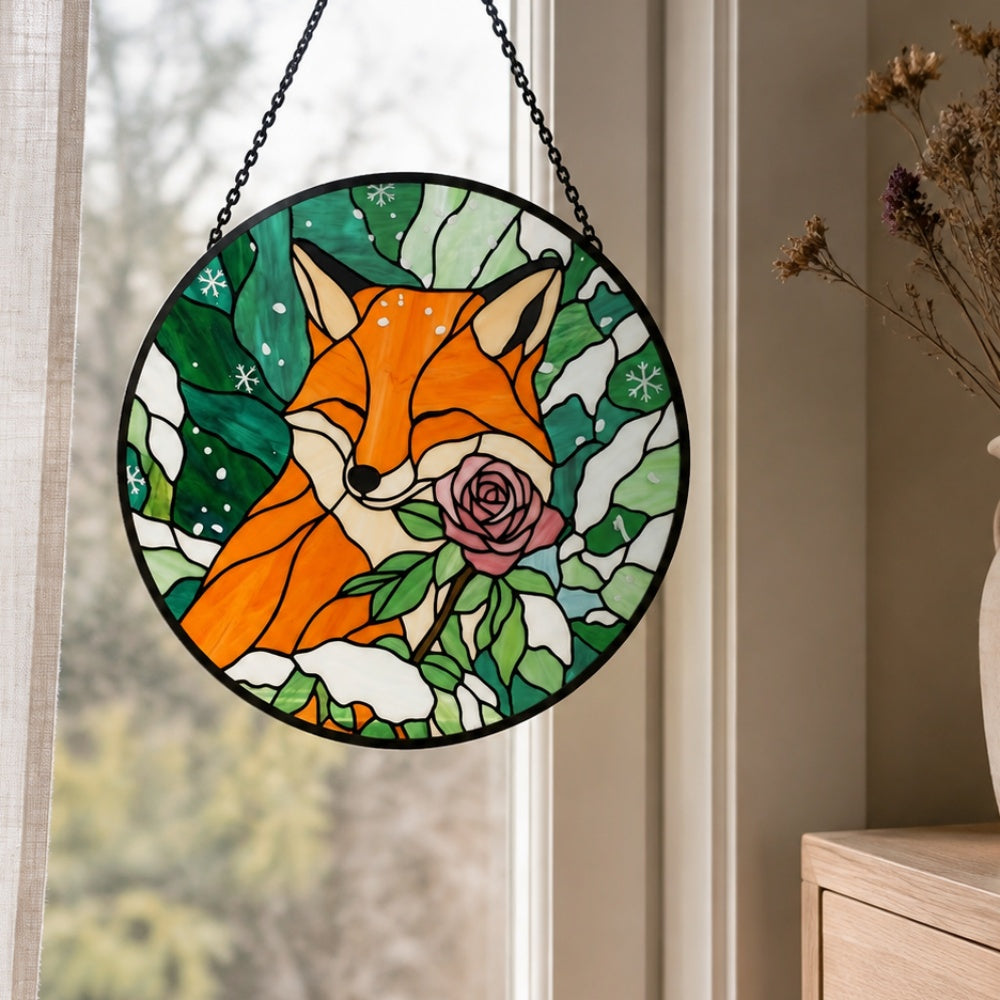 Winter rose snowy fox stained glass suncatcher window hanging, suitable for home and garden decoration