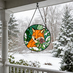 Winter rose snowy fox stained glass suncatcher window hanging, suitable for home and garden decoration