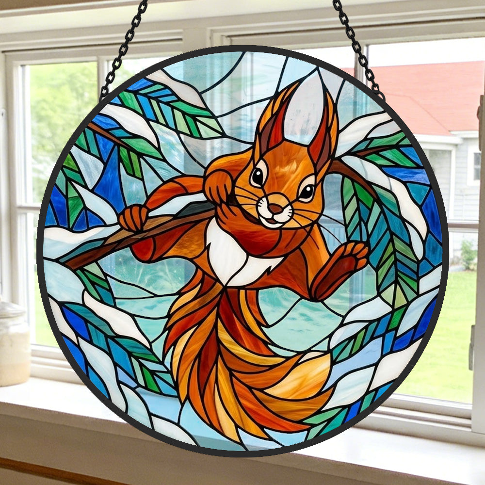 Winter snow playful squirrel stained glass suncatcher window hanging, suitable for home and garden decoration