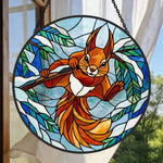 Winter snow playful squirrel stained glass suncatcher window hanging, suitable for home and garden decoration