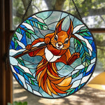 Winter snow playful squirrel stained glass suncatcher window hanging, suitable for home and garden decoration