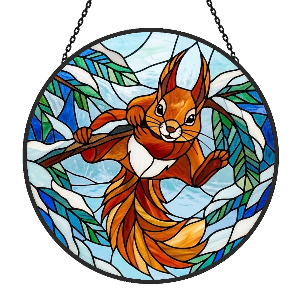 Winter snow playful squirrel stained glass suncatcher window hanging, suitable for home and garden decoration