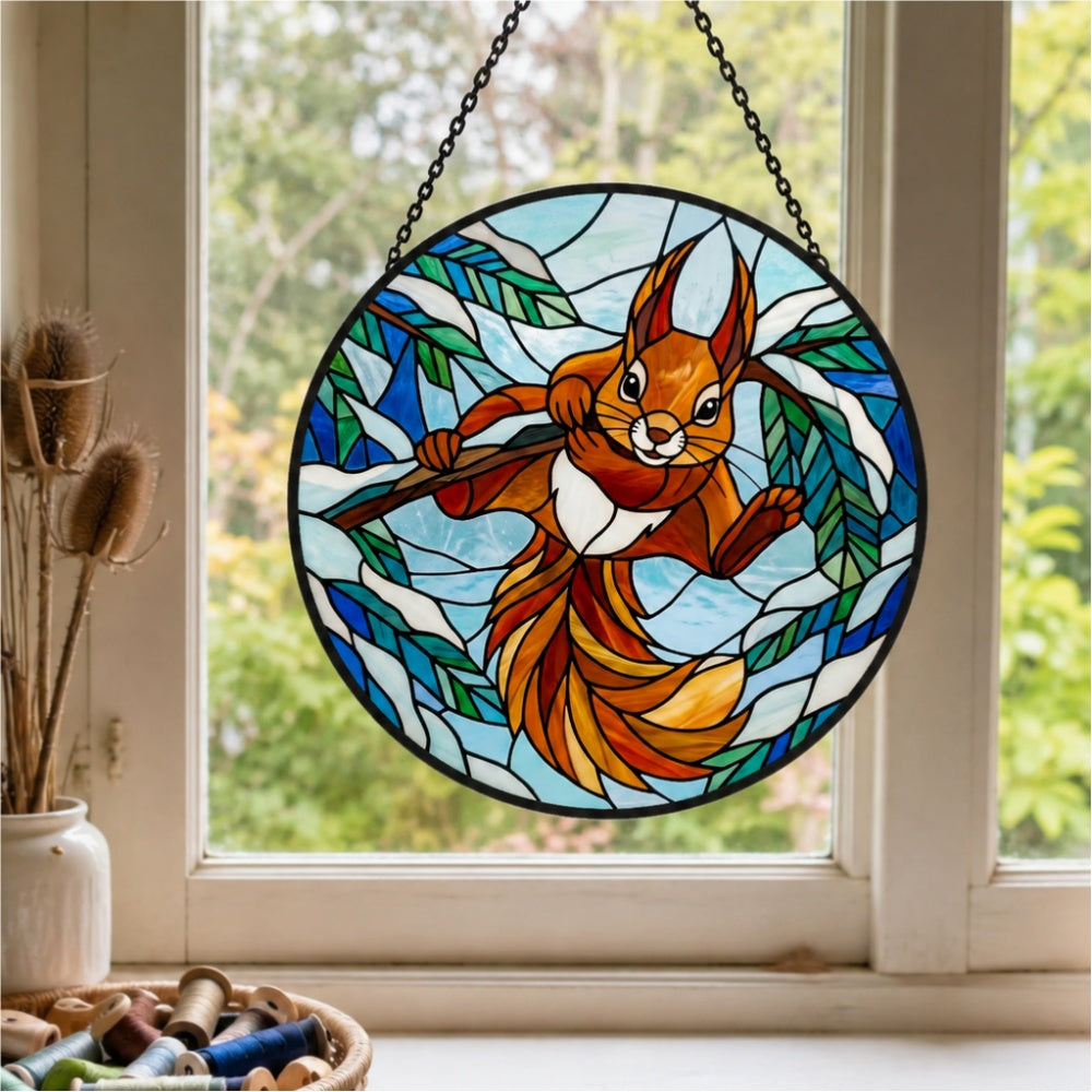Winter snow playful squirrel stained glass suncatcher window hanging, suitable for home and garden decoration