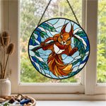 Winter snow playful squirrel stained glass suncatcher window hanging, suitable for home and garden decoration