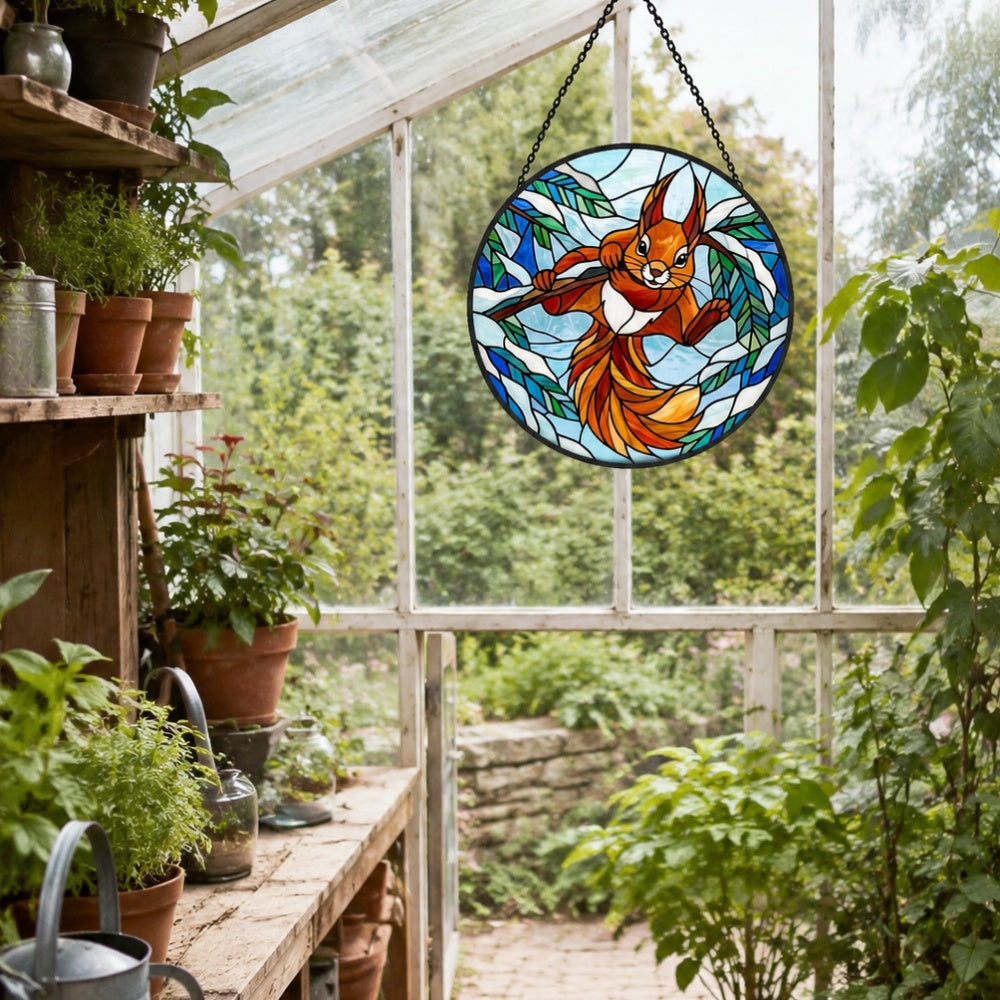 Winter snow playful squirrel stained glass suncatcher window hanging, suitable for home and garden decoration