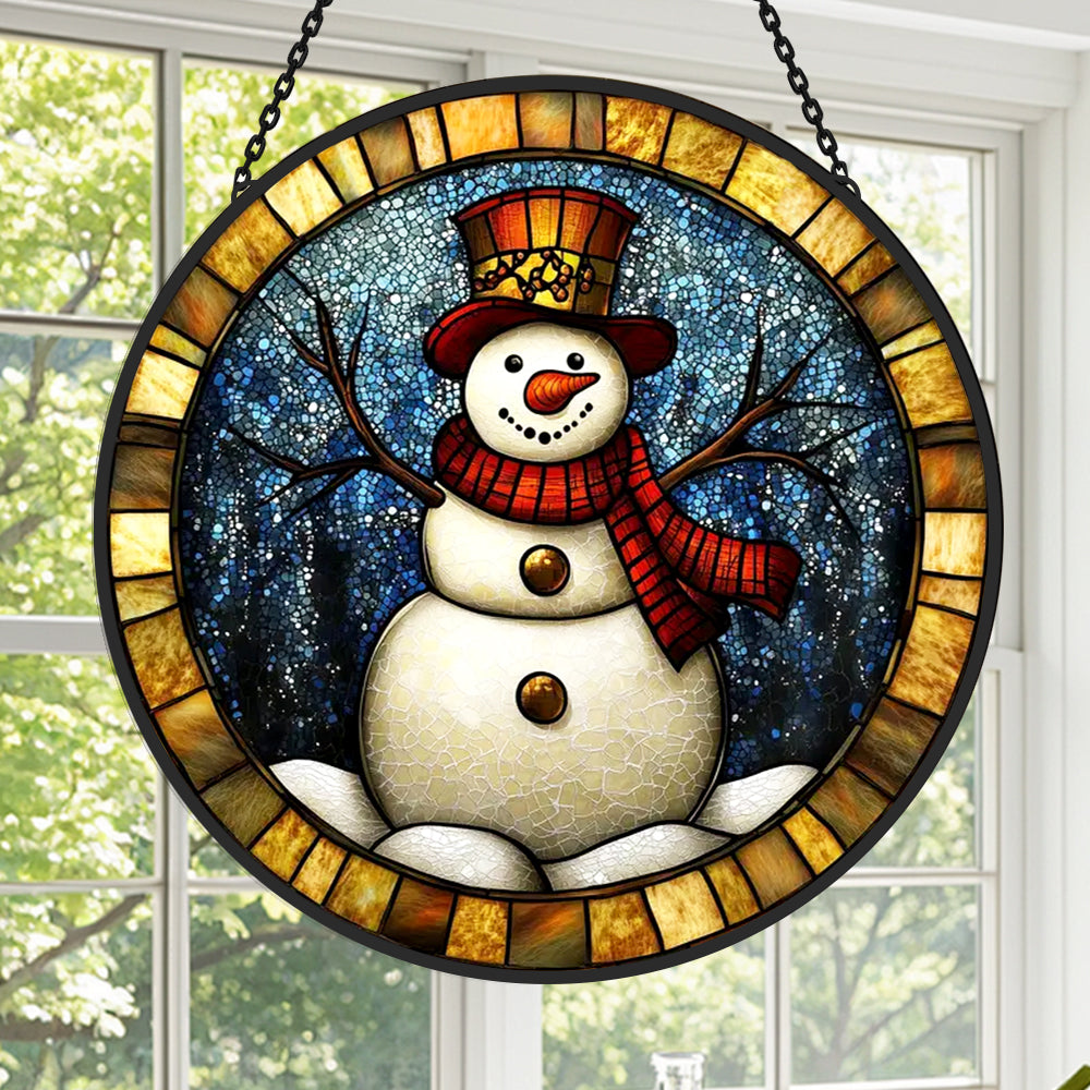 Winter snowman stained glass suncatcher window hanging, suitable for home and garden decoration