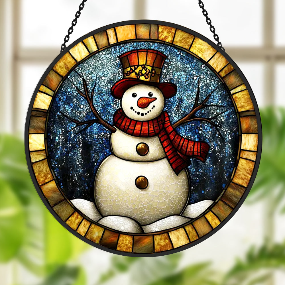 Winter snowman stained glass suncatcher window hanging, suitable for home and garden decoration