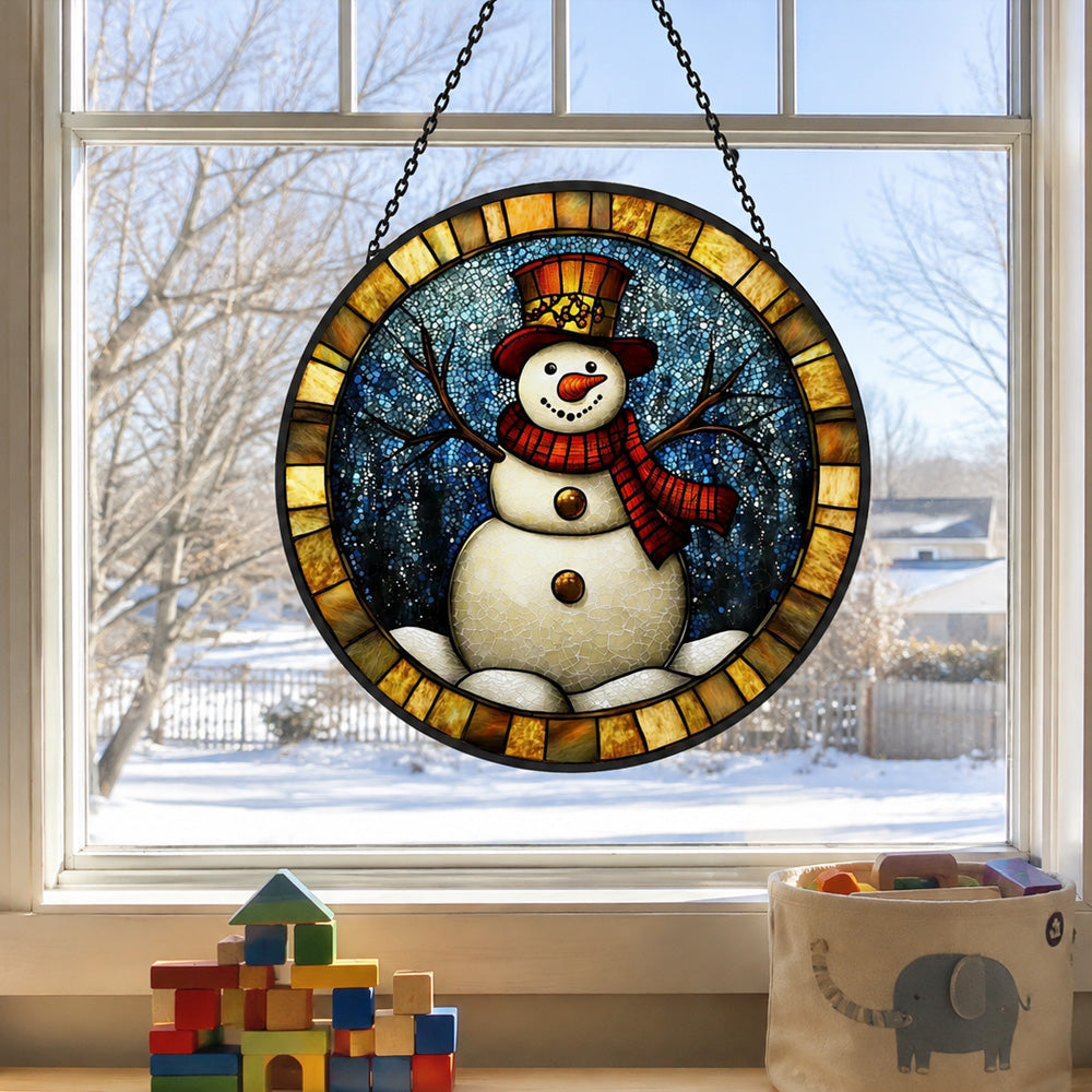 Winter snowman stained glass suncatcher window hanging, suitable for home and garden decoration