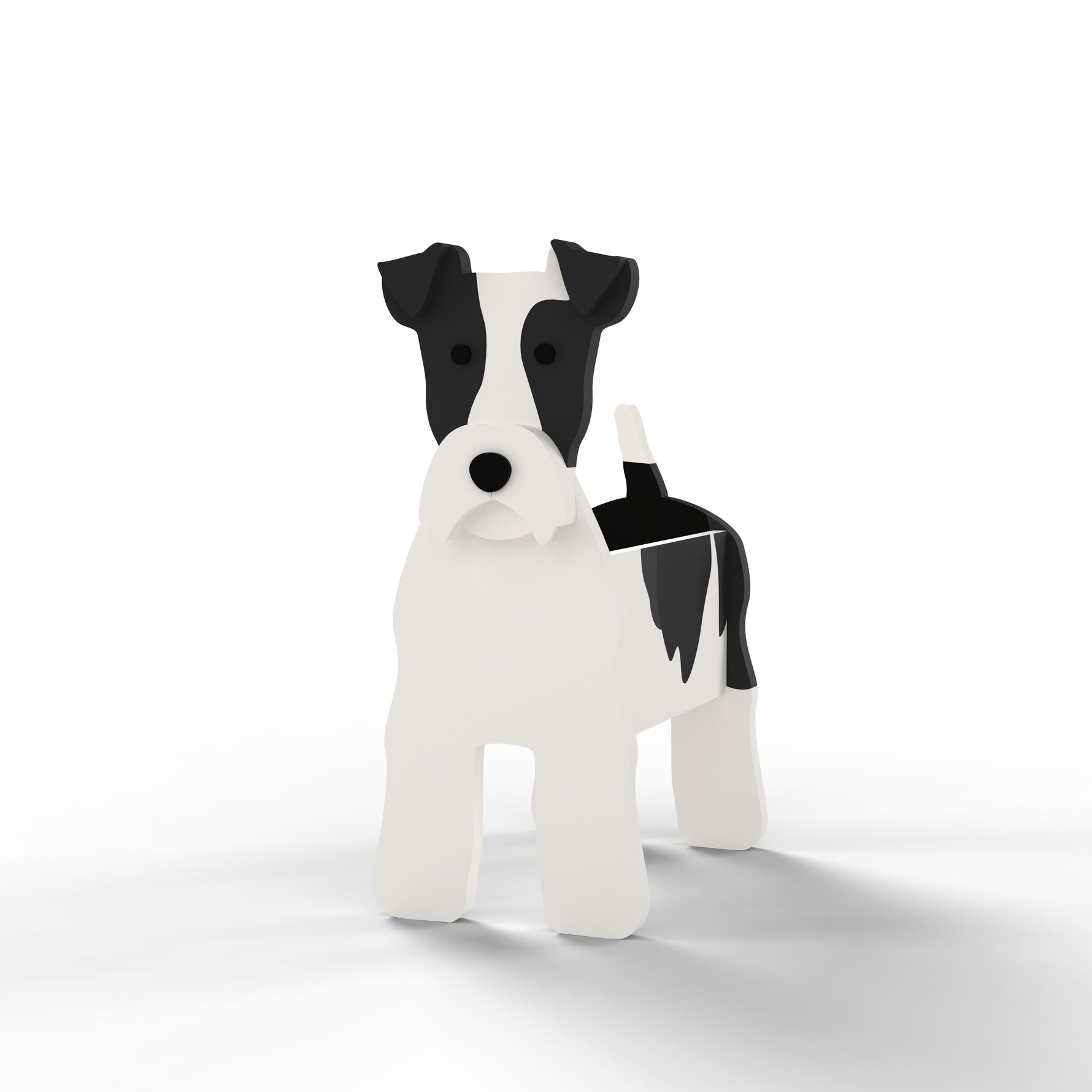 Wire Fox Terrier dog planter filled with fresh flowers is placed in the garden