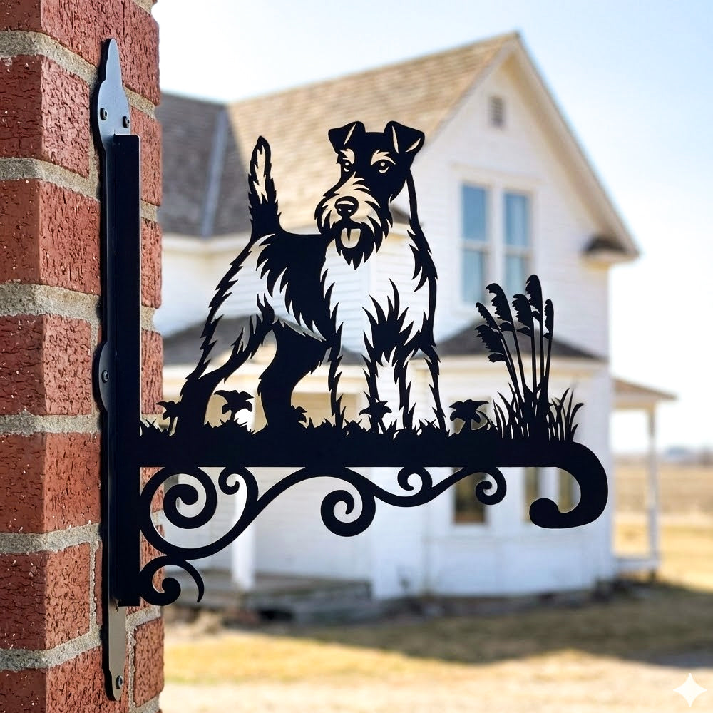Wire fox terrier metal hanging basket bracket mounted on outdoor wall for plant decoration