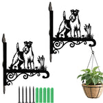 Wire fox terrier metal hanging basket bracket mounted on outdoor wall for plant decoration