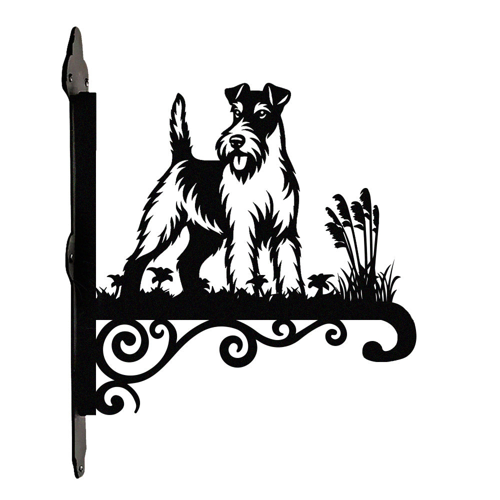 Wire fox terrier metal hanging basket bracket mounted on outdoor wall for plant decoration