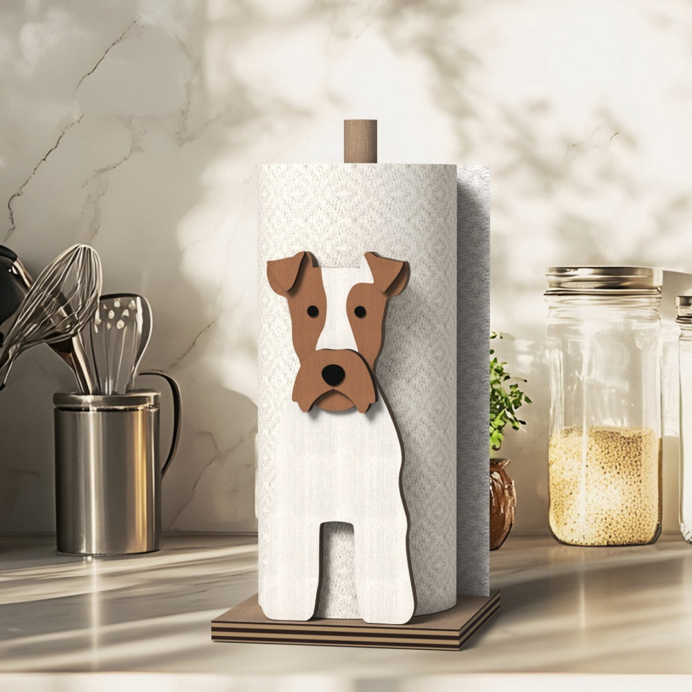 Wire Fox Terrier Wooden Dog Paper Towel Holder displayed on a kitchen countertop with a freestanding paper towel roll