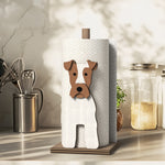 Wire Fox Terrier Wooden Dog Paper Towel Holder displayed on a kitchen countertop with a freestanding paper towel roll