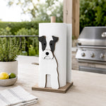 Wire Fox Terrier Wooden Dog Paper Towel Holder displayed on a kitchen countertop with a freestanding paper towel roll