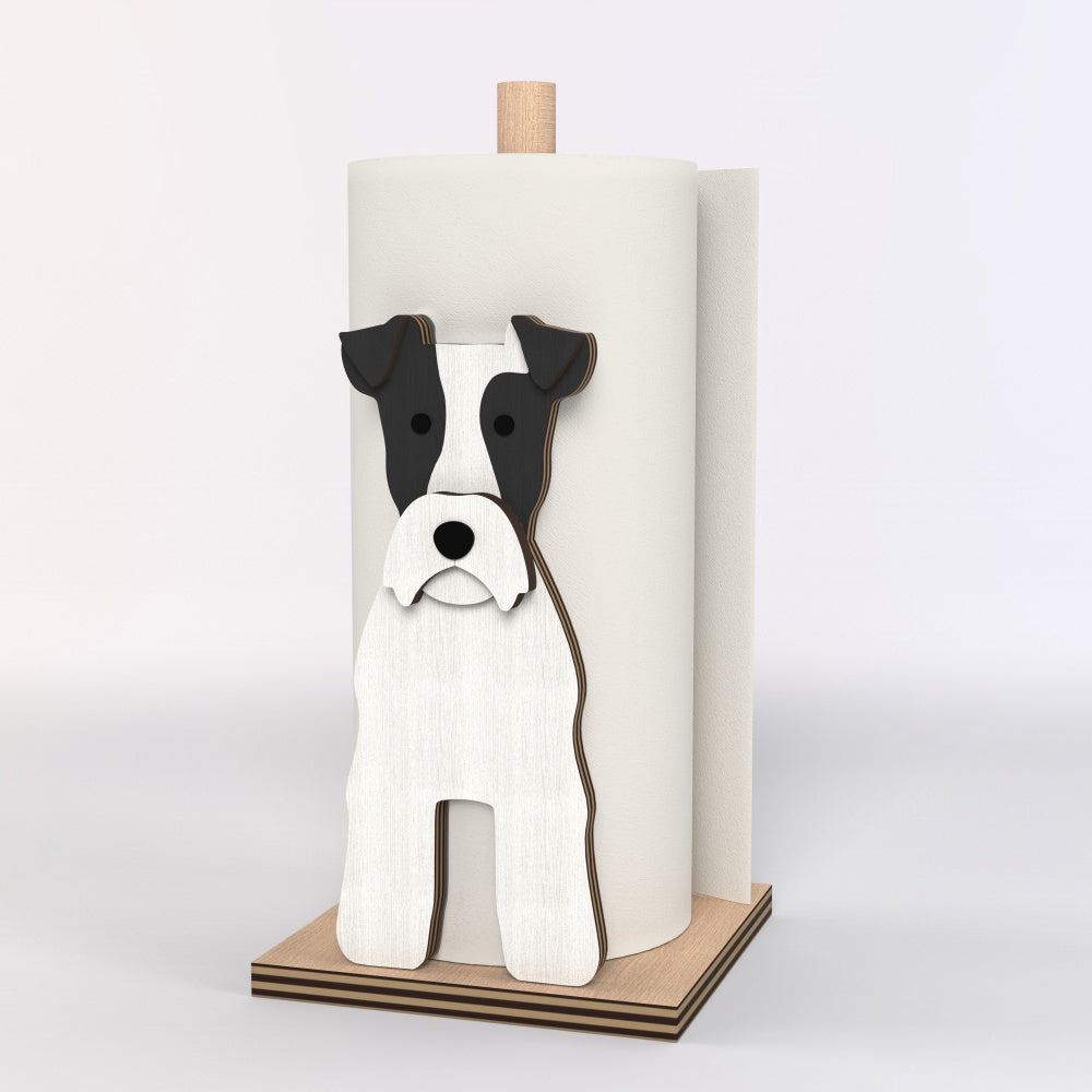 Wire Fox Terrier Wooden Dog Paper Towel Holder displayed on a kitchen countertop with a freestanding paper towel roll