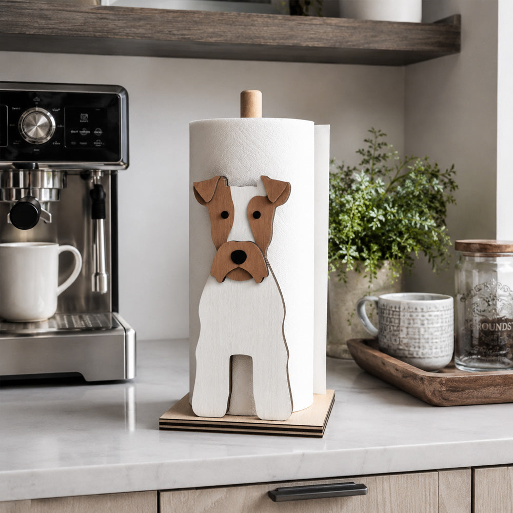 Wire Fox Terrier Wooden Dog Paper Towel Holder displayed on a kitchen countertop with a freestanding paper towel roll